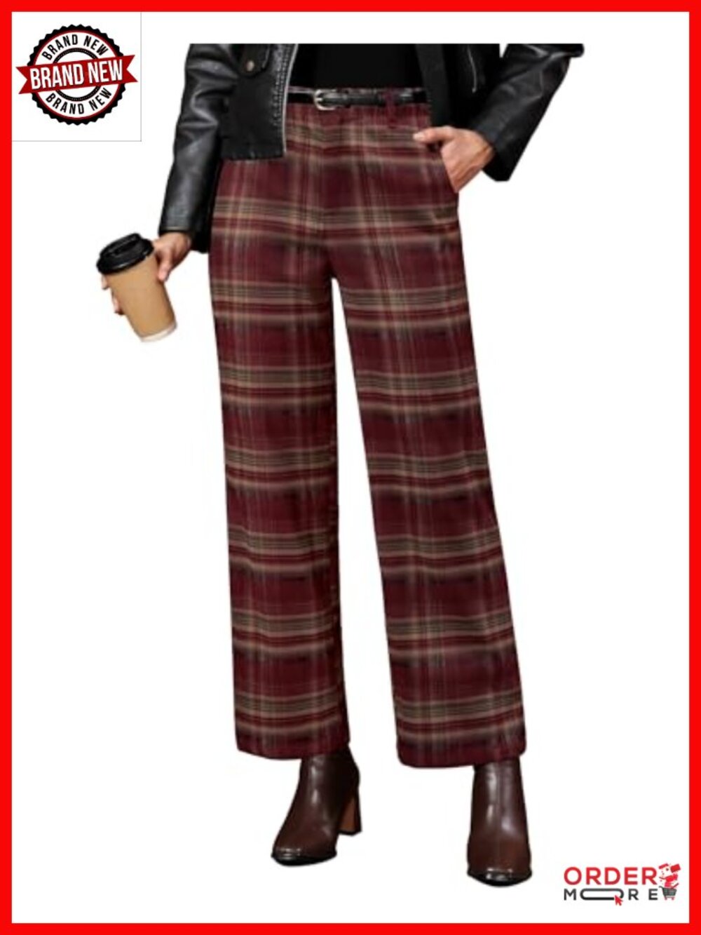 Wide Leg High Waisted Plaid Trousers Elastic Waist Work Pants with Pockets